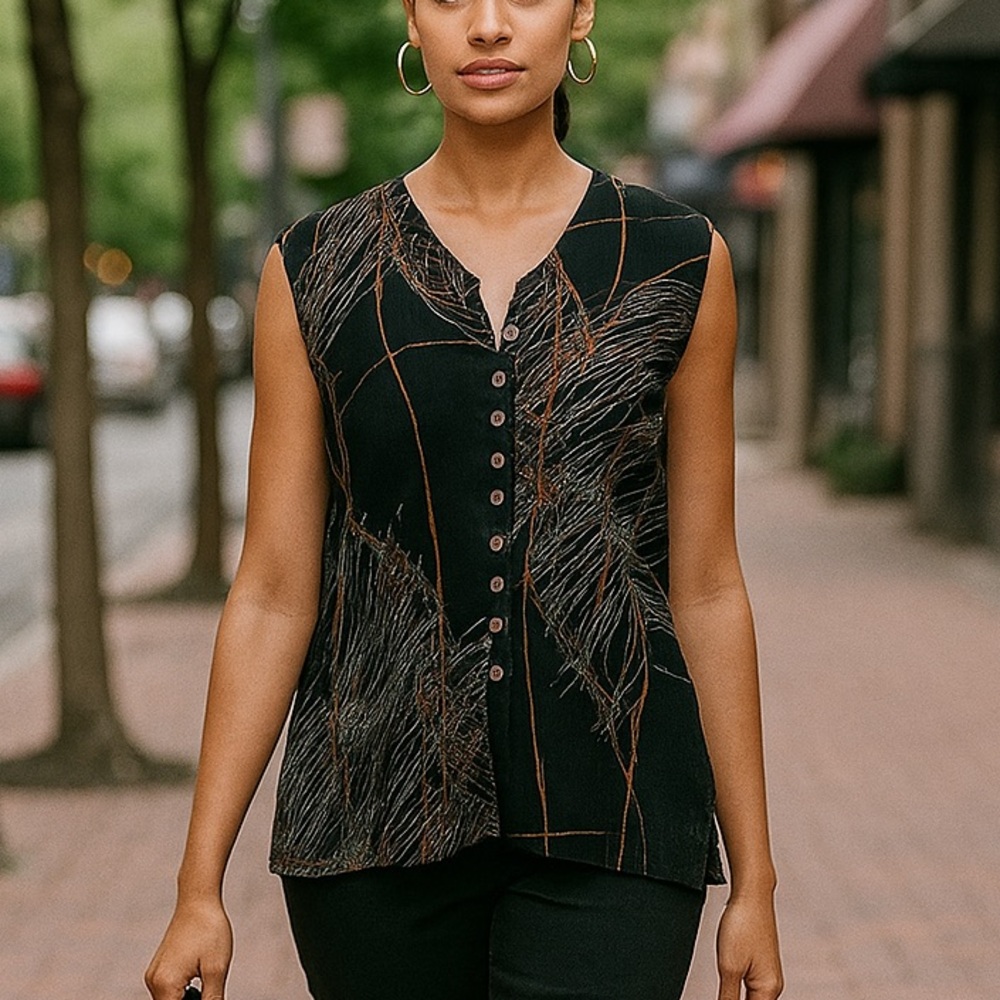 Muslin Cotton  handmade Black and Orange Abstract sleeveless Bohemain Top